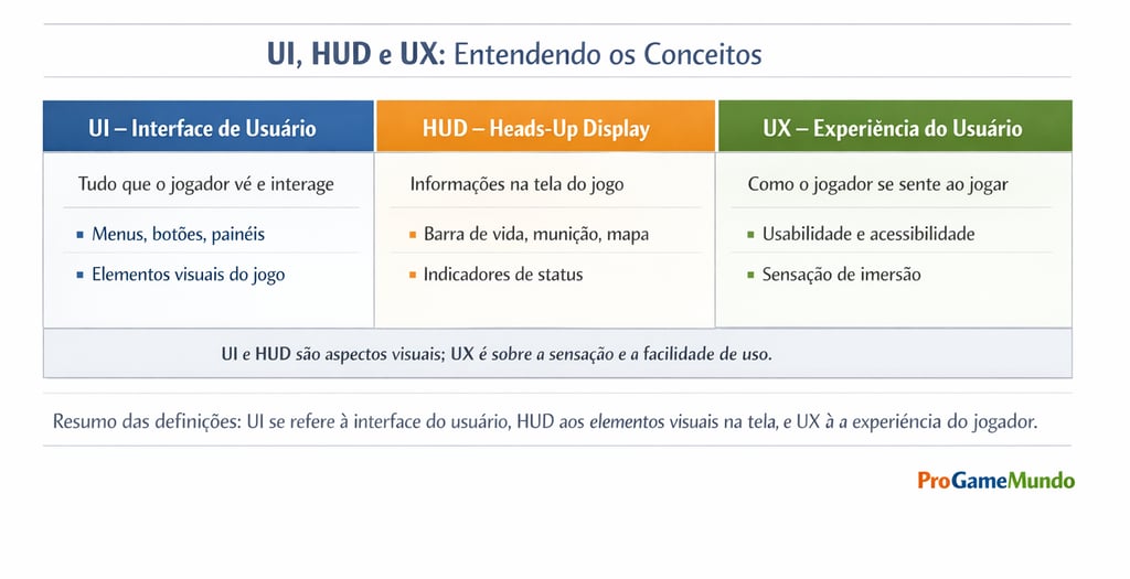 Quadro explicativo com definições de UI, HUD e UX em jogos.