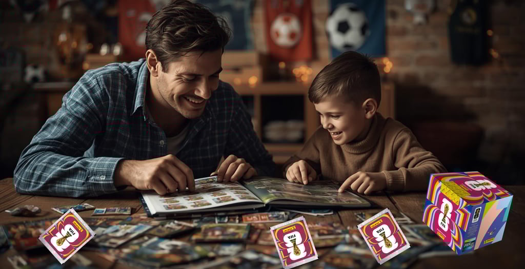 Father and son smiling while collecting FIFA World Cup trading cards and stickers in a binder.