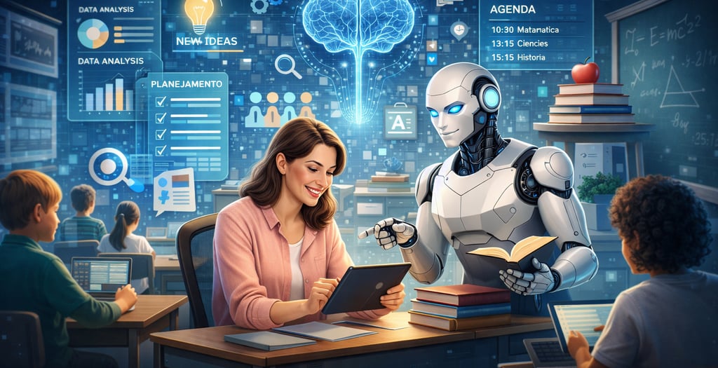 Uma professora utiliza um tablet e um robô assistente com inteligência artificial para aprendizagem 