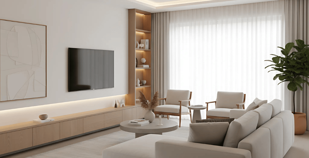 A stunning, modern living room designed by top-rated interior designers in Thane.