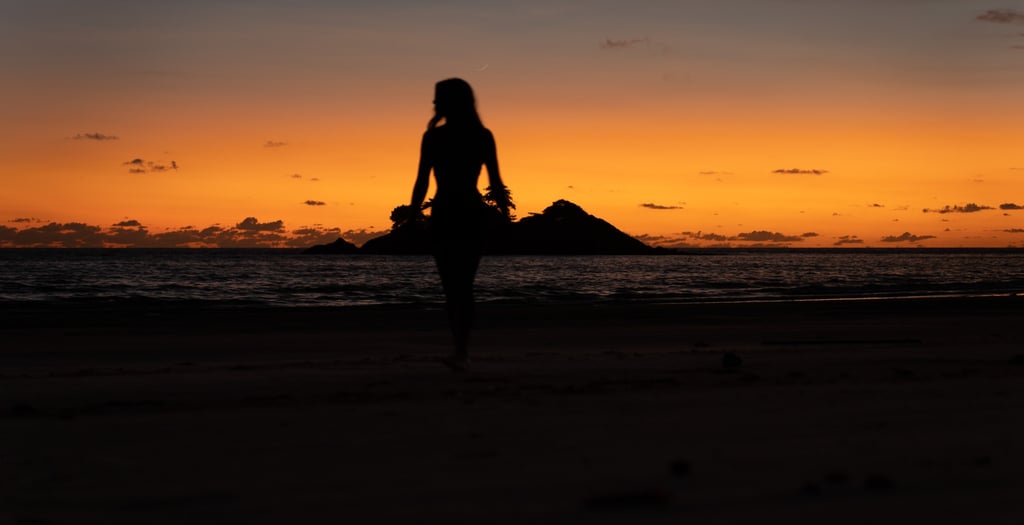 a woman standing on a beach at sunset