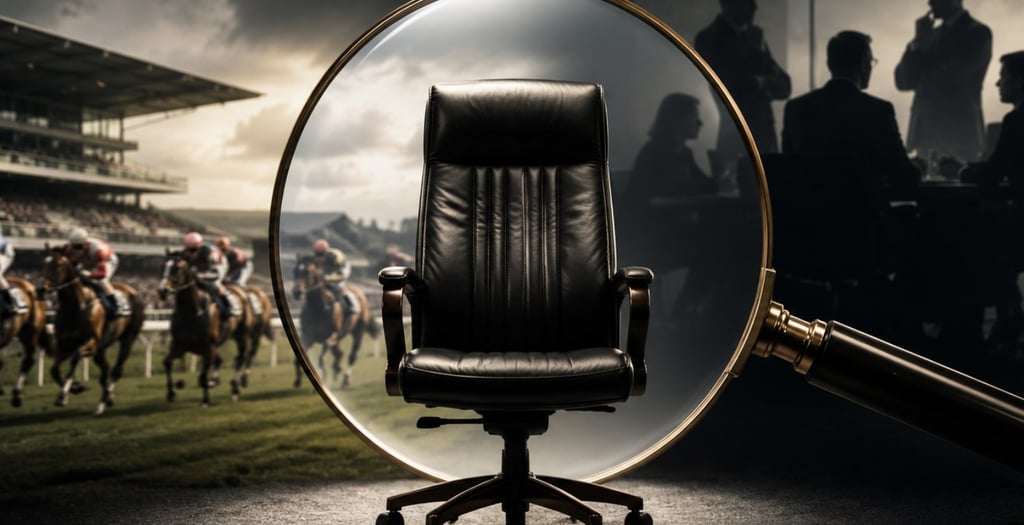 Executive office chair under a magnifying glass with a horse race and business meeting in the background.