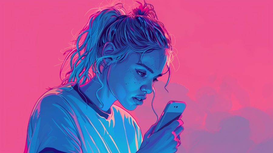 Young girl in a sports top staring at her phone
