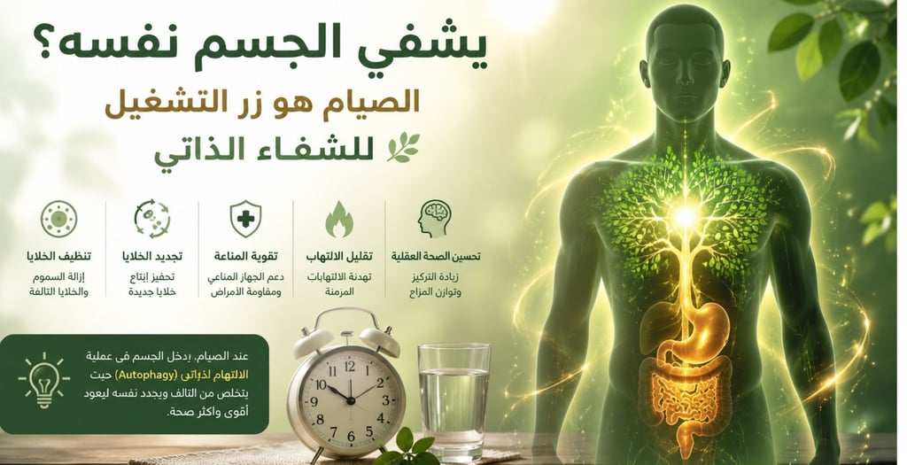 اكتشف كيف يشفي الجسم نفسه عبر آليات بيولوجية مذهلة. تعرف على دور الصيام كزر تشغيل لتنشيط الالتهام ا