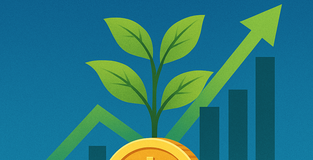 IMMAGINE CHE FA VEDERE LA CRESCITA IN UN GRAFICO CHE SALE E UNA PIANTINA CHE CRESCE GROWTH INVESTING