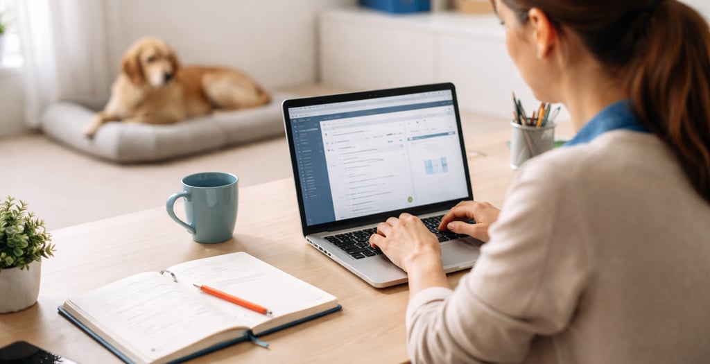 Hundetrainerin sitz vor ihrem Laptop, im Hintergrund liegt ein Hund auf seinem Platz