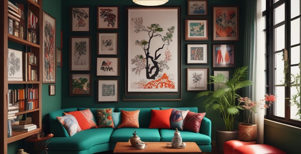 A vibrant living room bursting with bold colors, lush plants, and eclectic furniture pieces.