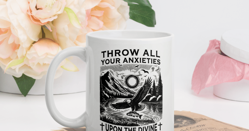 Throw Your Anxieties Upon the Divine White Glossy Mug,Asylvestre Shop