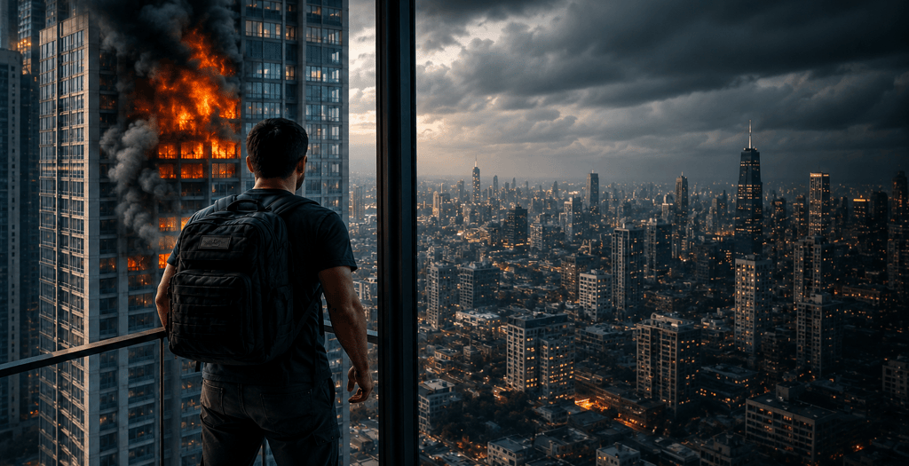 A man with a backpack watches a skyscraper fire and dark clouds over a city skyline at dusk.