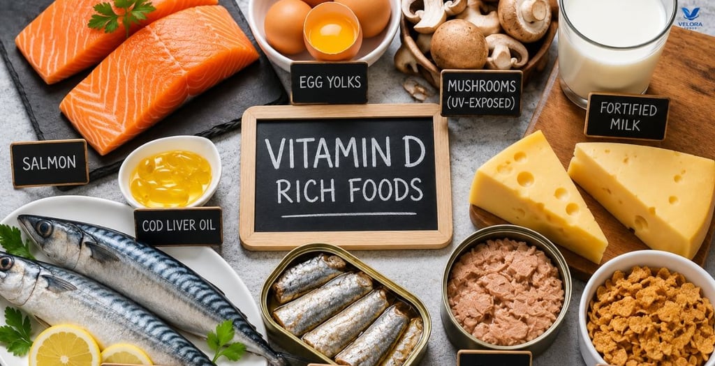Fresh salmon, eggs, mushrooms, fortified milk, and tuna arranged on a table as natural sources of vi