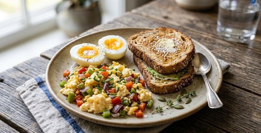 Healthy breakfast featuring boiled eggs, scrambled eggs with vegetables, and whole-grain toast.