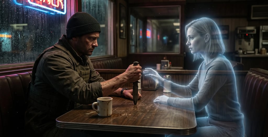 A man in a tactical vest sits across from a glowing blue female ghost in a rainy diner booth.
