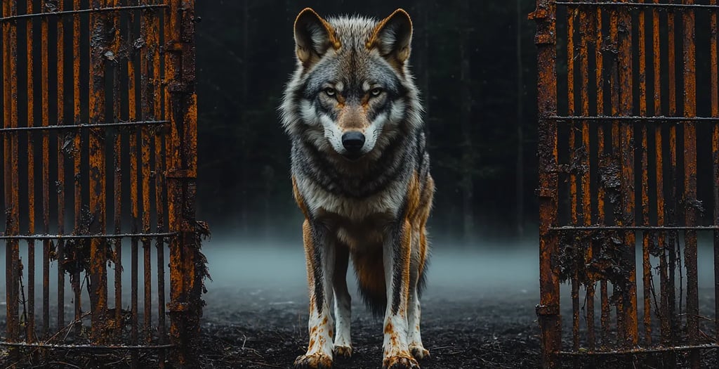A gray wolf standing between rusty iron gates in a dark, misty forest landscape.