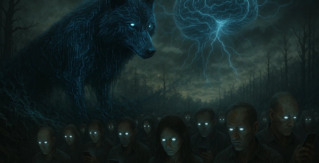 Massive glowing blue digital wolf watches humans with blank eyes linked to AI brain, forest decays in cyberpunk dystopia.