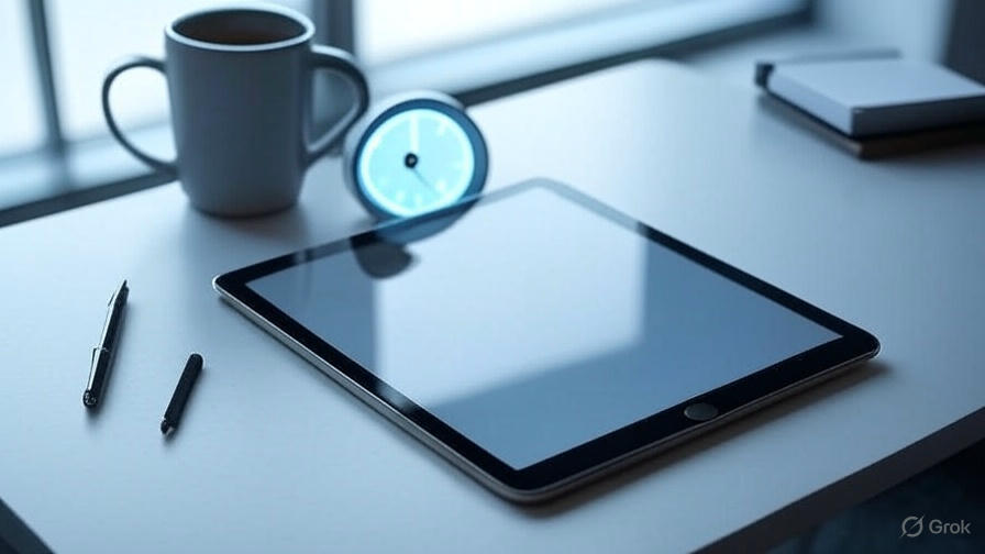 A digital planner on a tablet with a clock and office items, symbolizing smart time management and p