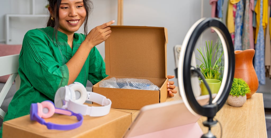 a woman showing a headphone inside a box while looking at her camera with a ring light
