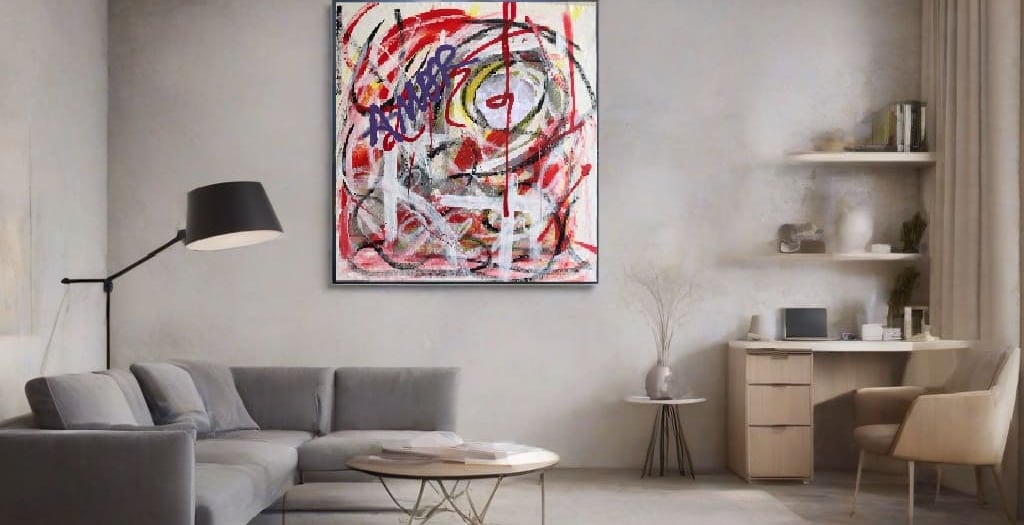 Abstrato: quadro abstrato com linhas dinâmicas e formas geométricas em tons neutros e sutis.