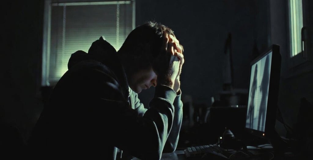 Stressed man holding his head in a dark room while looking at a computer monitor.
