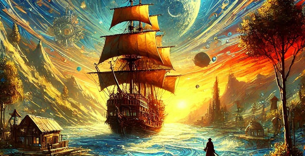 uma ilustração criativa de um navio antigo em uma pintura fantasiosa de um universo literário