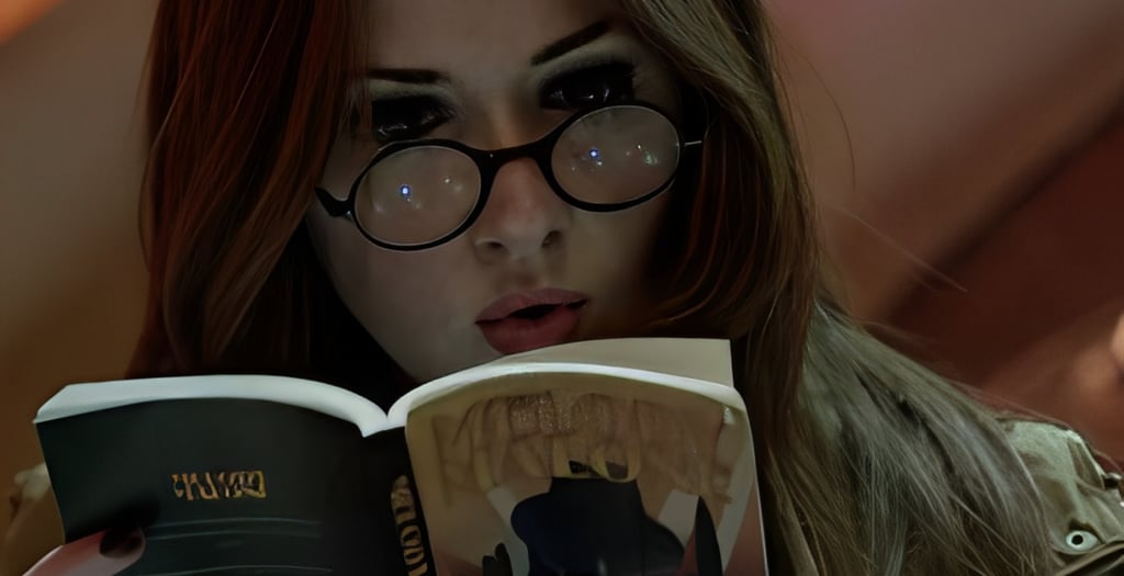 a woman in glasses and a jacket is reading a book