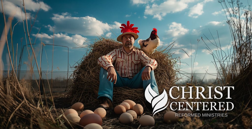 a man in a straw hat and chicken costume