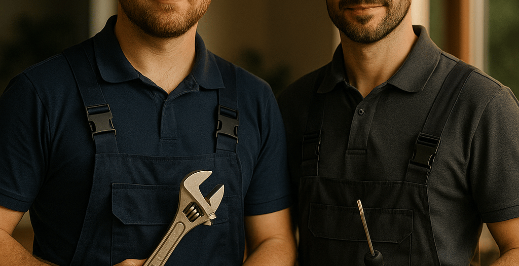 two men standing next to each other holding wrenches