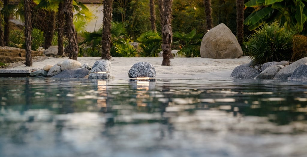 illuminazione con rocce naturali per piscine naturali