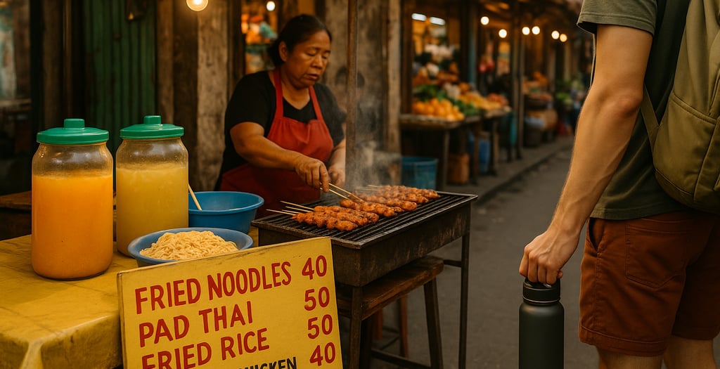 Colorful street food stall with sizzling local dishes and handwritten prices, showing affordable and authentic food options f