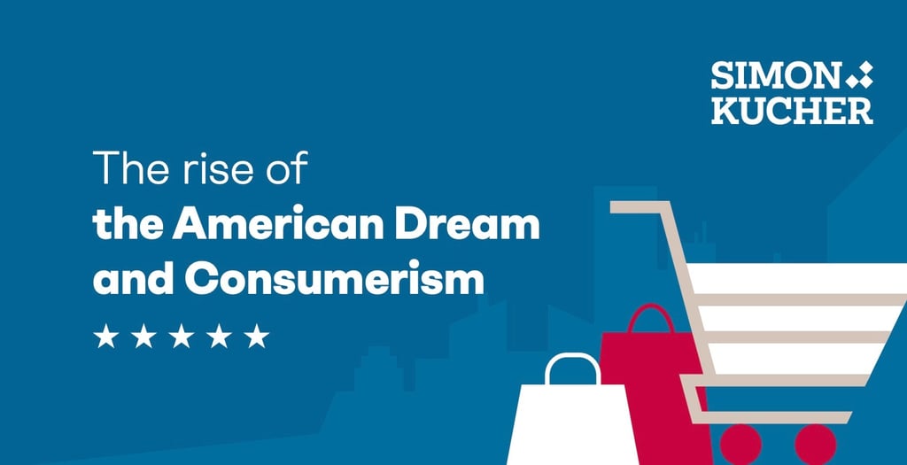 Graphic about the rise of the American Dream and consumerism featuring shopping bags and a cart.