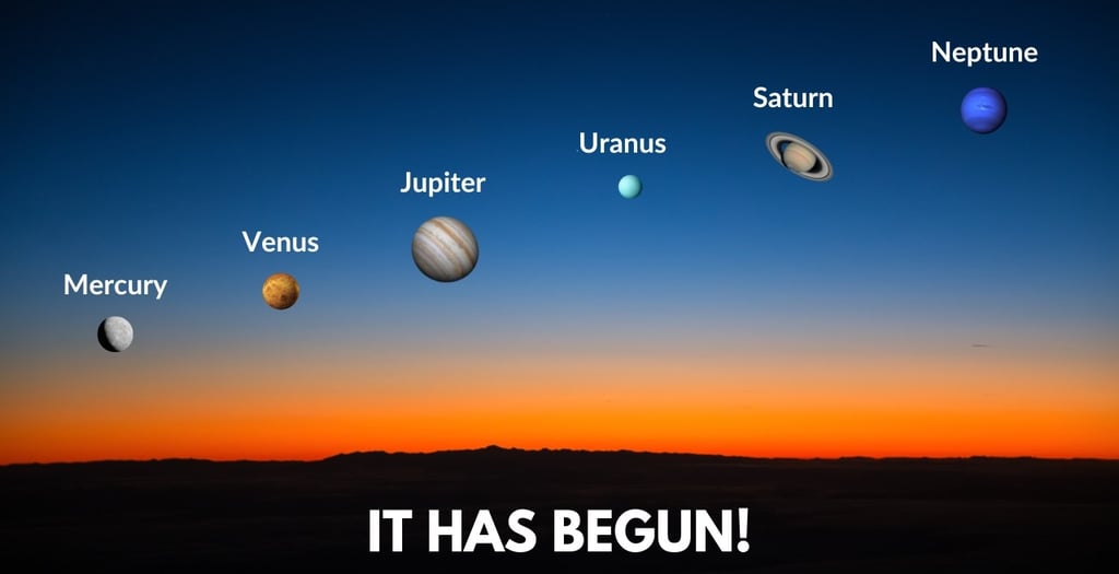 Illustration of six-planet alignment with Venus and Jupiter conjunction in August 2025 pre-dawn sky