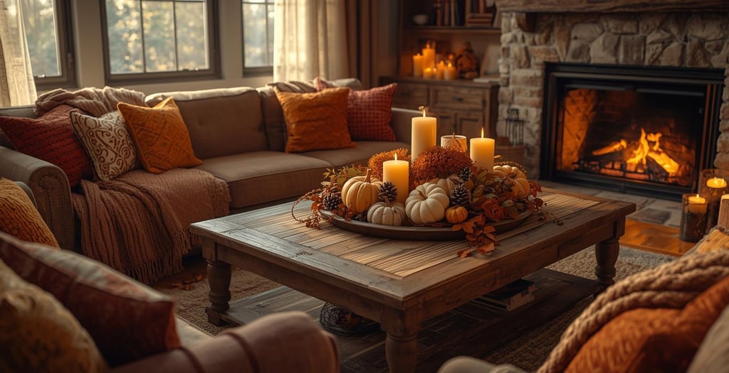 Cozy living room with fireplace, pumpkins, and candles on a small table creating a warm Thanksgiving