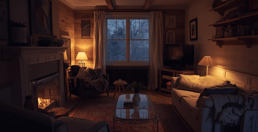 Tidy living room at night with soft lamplight and cozy atmosphere.