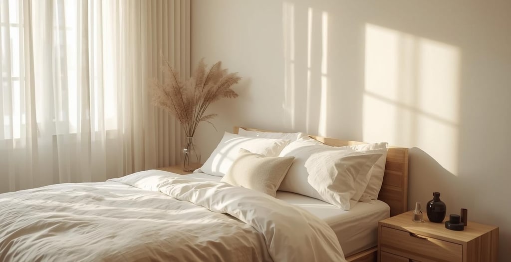 Peaceful bedroom with neutral decor, sunlight, and minimal cozy touches.