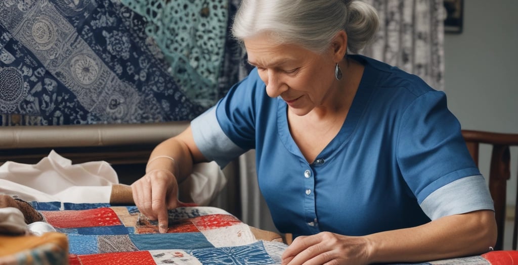 femme cousant un patchwork à la main avec des tissus récupéré 