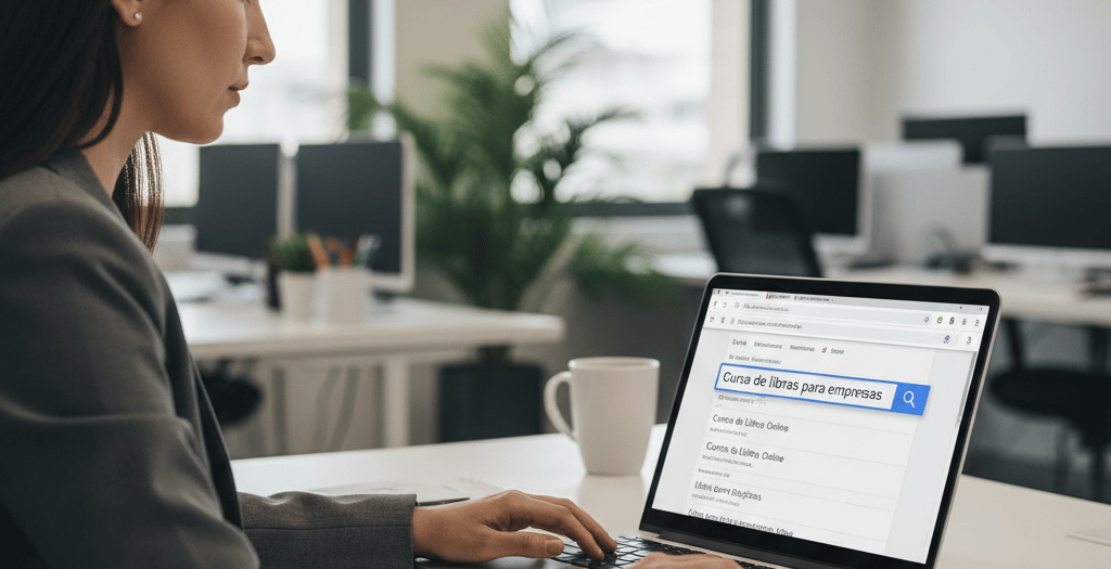 Alt: mulher no escritório usando notebook pesquisa no google sobre curso de libras para empresas