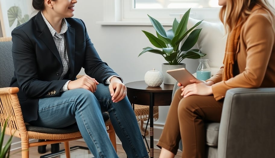 a woman sitting in a chair talking to a woman