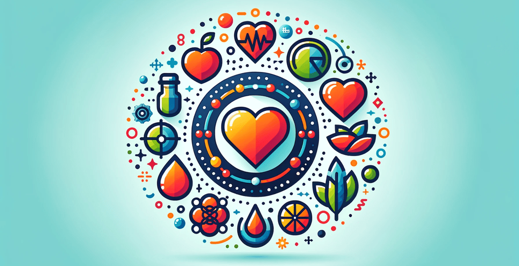 a heart shaped icon with a heart surrounded by various icons