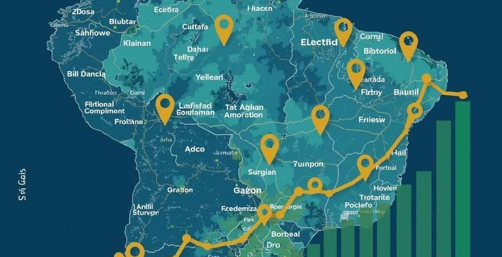 Mapa do Brasil com pontos de recarga elétrica e gráfico de crescimento dos veículos elétricos.