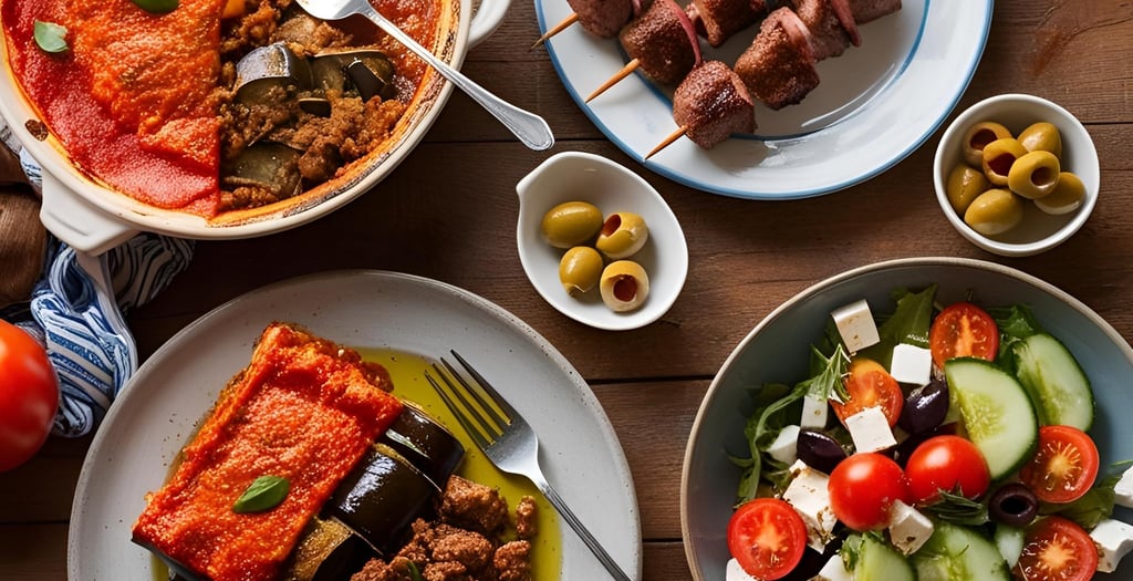 Traditional Greek dishes on a wooden table, including moussaka, souvlaki, and Greek salad