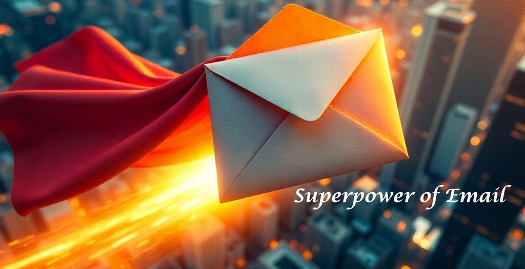 A flying envelope with a superman cape, a text -superpower of email