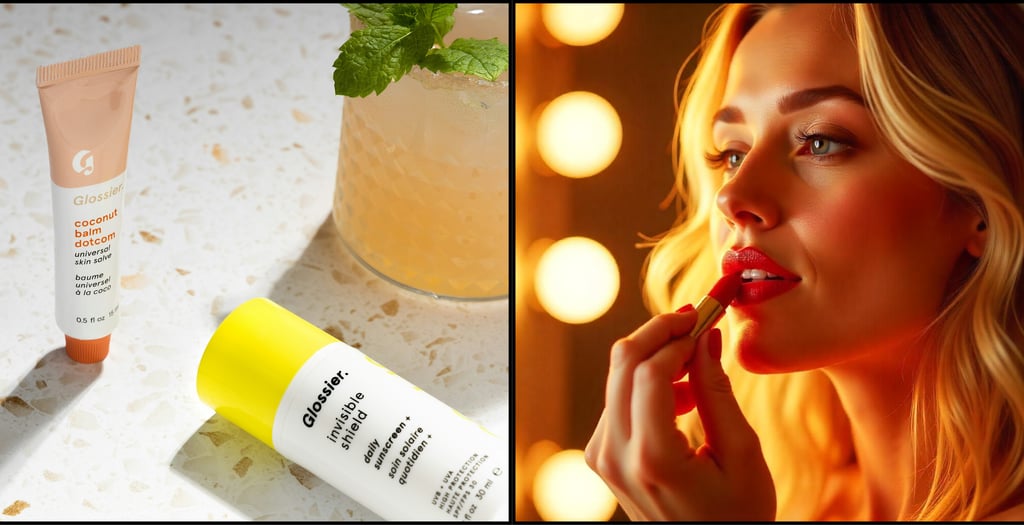 split screen, left side showing glossier product, right side model applying makeup