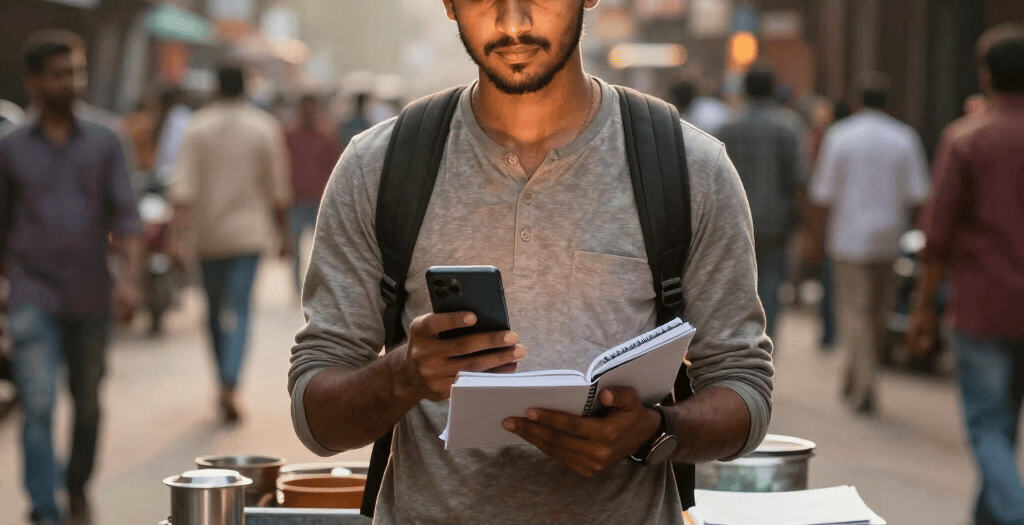 Young student using a smartphone and holding a notebook on a crowded city street.