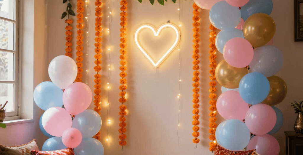 Festive home party decoration with a balloon arch, neon heart light, and marigold flower garlands.
