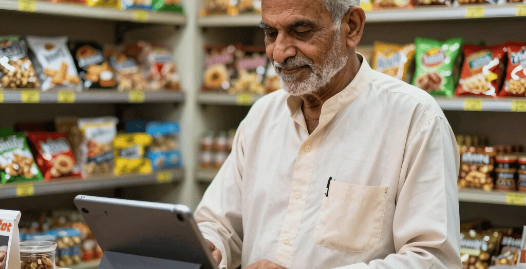 An elderly shopkeeper using a digital tablet at his grocery store counter stocked with snacks.