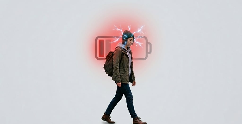 Illustration conceptuelle de la fatigue extrême : une femme épuisée marche de profil sur un fond bla