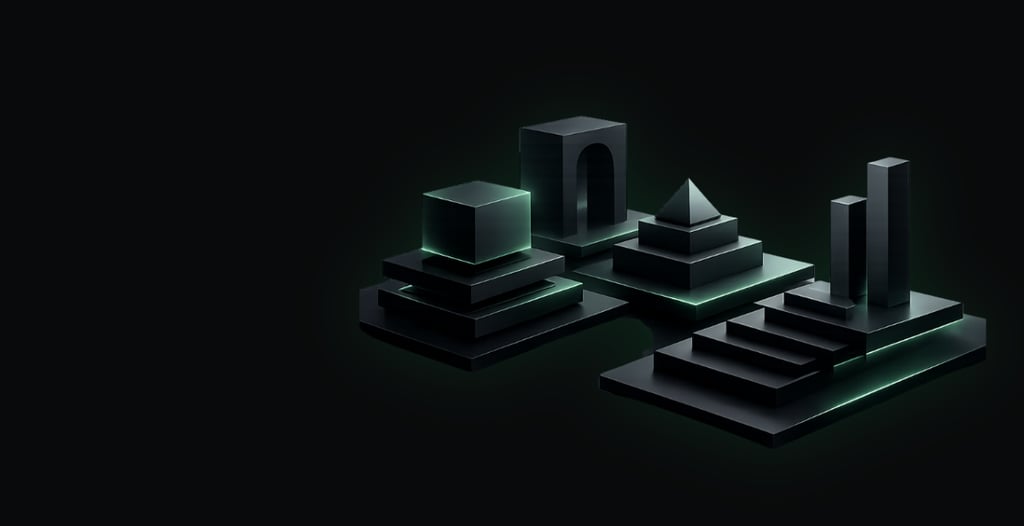 Dark 3D geometric shapes with green neon glowing edges on a black background.