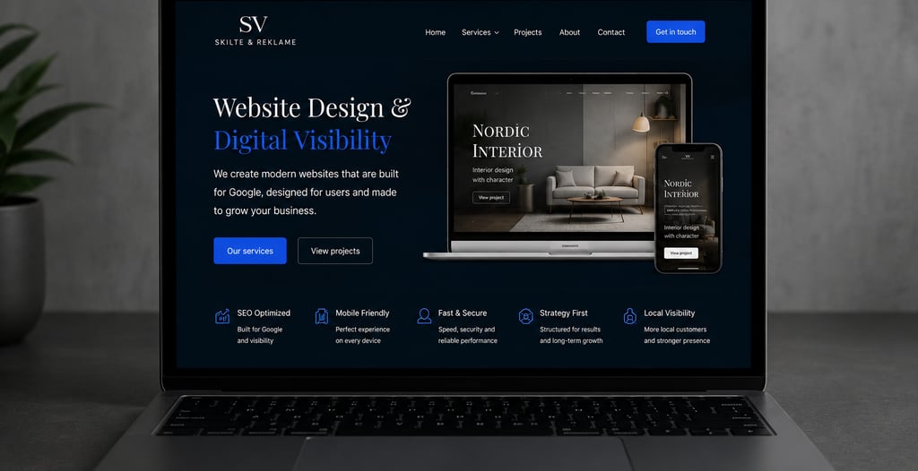 Modern website design and digital visibility presentation displayed on a laptop screen for businesses in Denmark.
