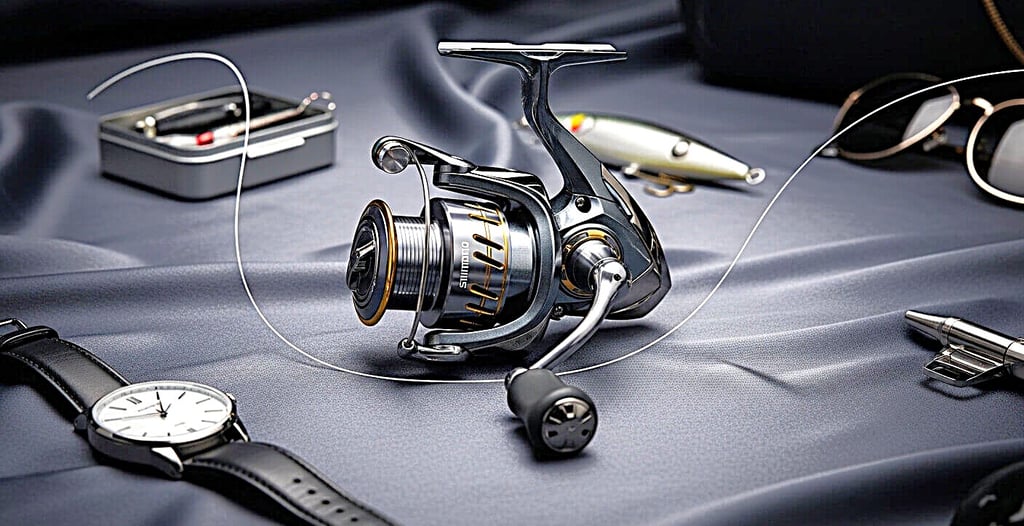 molinete shimano para pesca surubim sobre mesa um relógio ao lado e uma isca artificial.