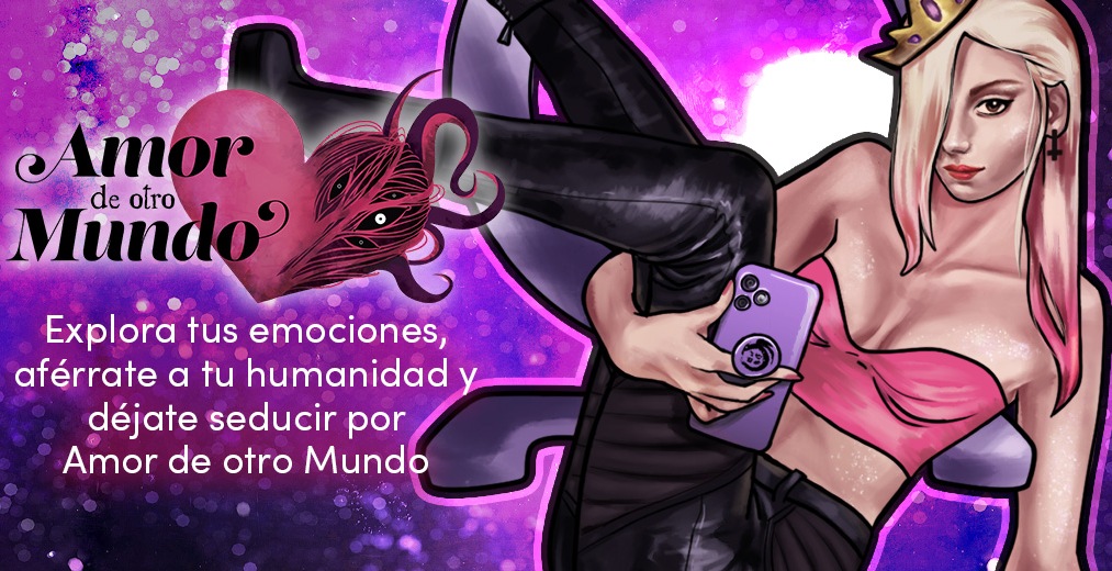 Una mujer joven sentada en una silla. Con el logo editorial de ADOM: un corazón con tentáculos