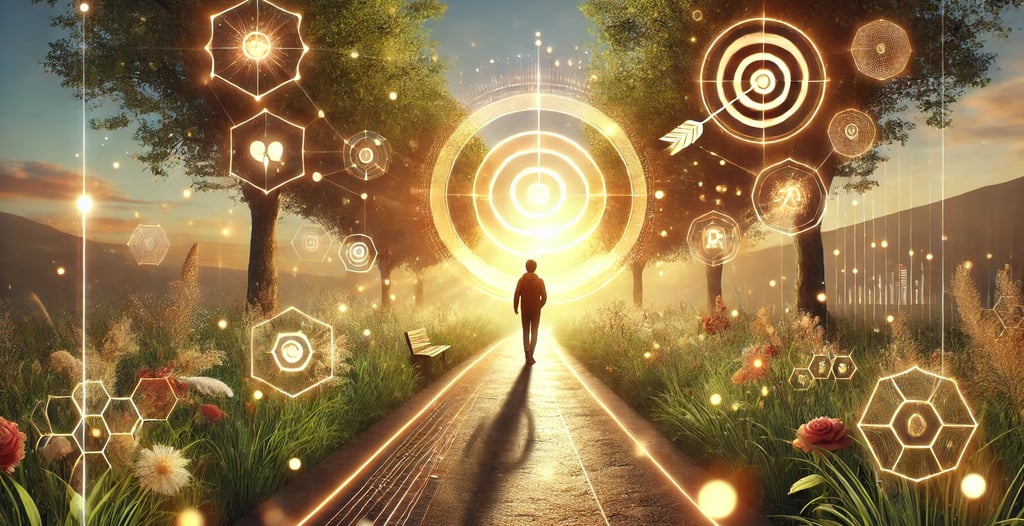 Um jovem andando em um caminho iluminado com um alvo nítido e brilhante ao fundo simbolizando metas